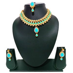Dark Blue Short Necklace with Earrings and Bindi