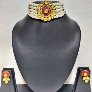 Dark Blue Short Necklace with Earrings and Bindi