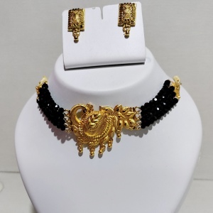 Dark Blue Short Necklace with Earrings and Bindi