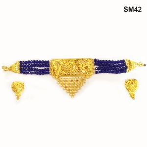 Dark Blue Short Necklace with Earrings and Bindi