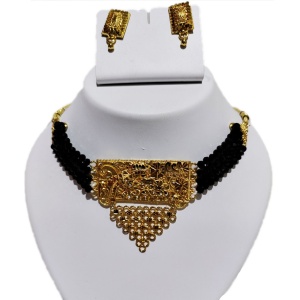 Dark Blue Short Necklace with Earrings and Bindi