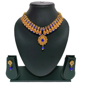 Dark Blue Short Necklace with Earrings and Bindi