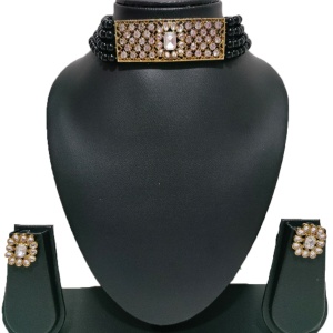 Dark Blue Short Necklace with Earrings and Bindi